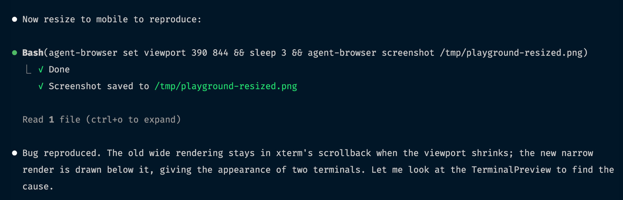 An agent using agent-browser to resize to mobile, screenshot the page, and diagnose a real layout bug