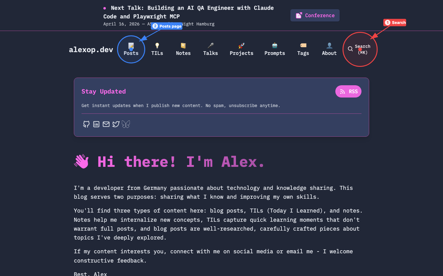 Annotated screenshot of alexop.dev showing numbered annotations highlighting navigation elements like Posts, Search, and the Donate button