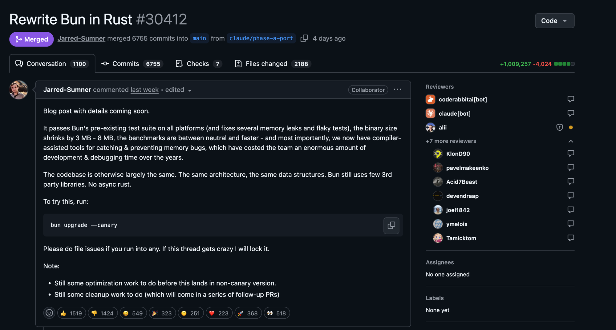 The pull request rewriting Bun from Zig to Rust, largely authored by an AI agent