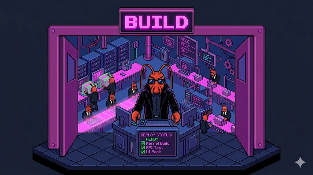 Pixel art illustration of a lobster standing at the entrance of a glowing software factory