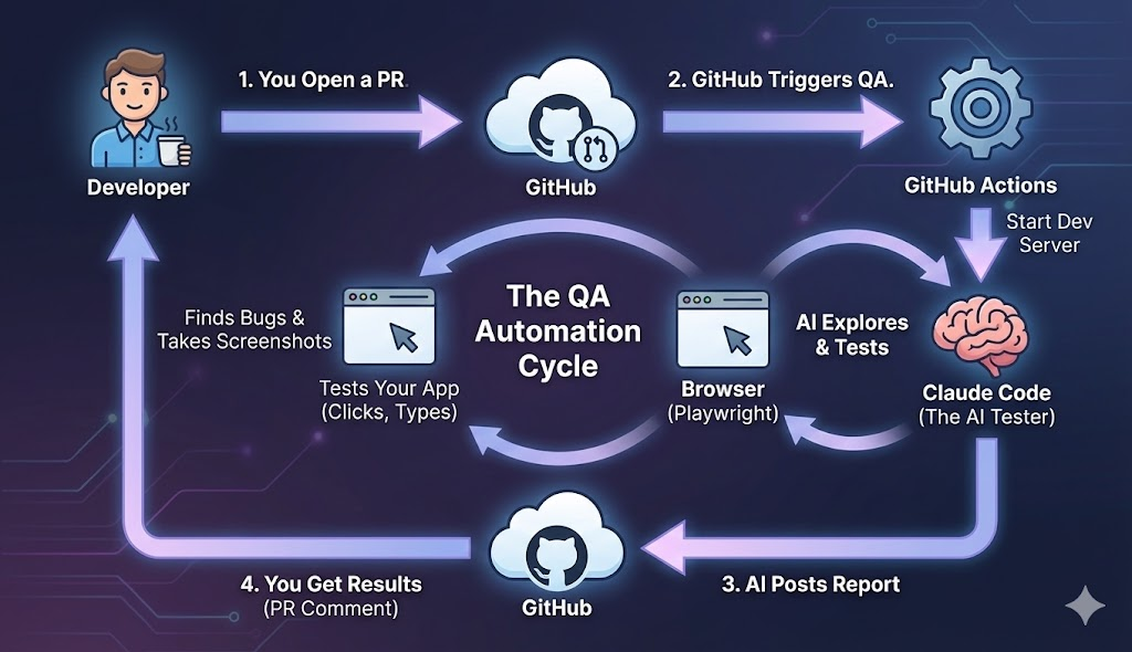 Claude QA workflow: Developer opens PR, GitHub Actions triggers workflow, Claude Code tests via Playwright, QA report posted back to PR