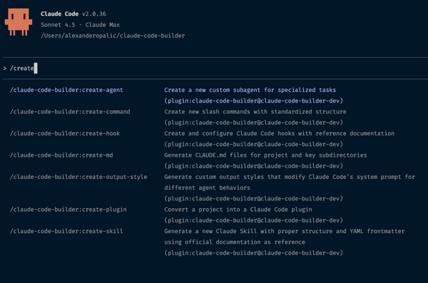 All seven commands available in Claude Code after installing the plugin