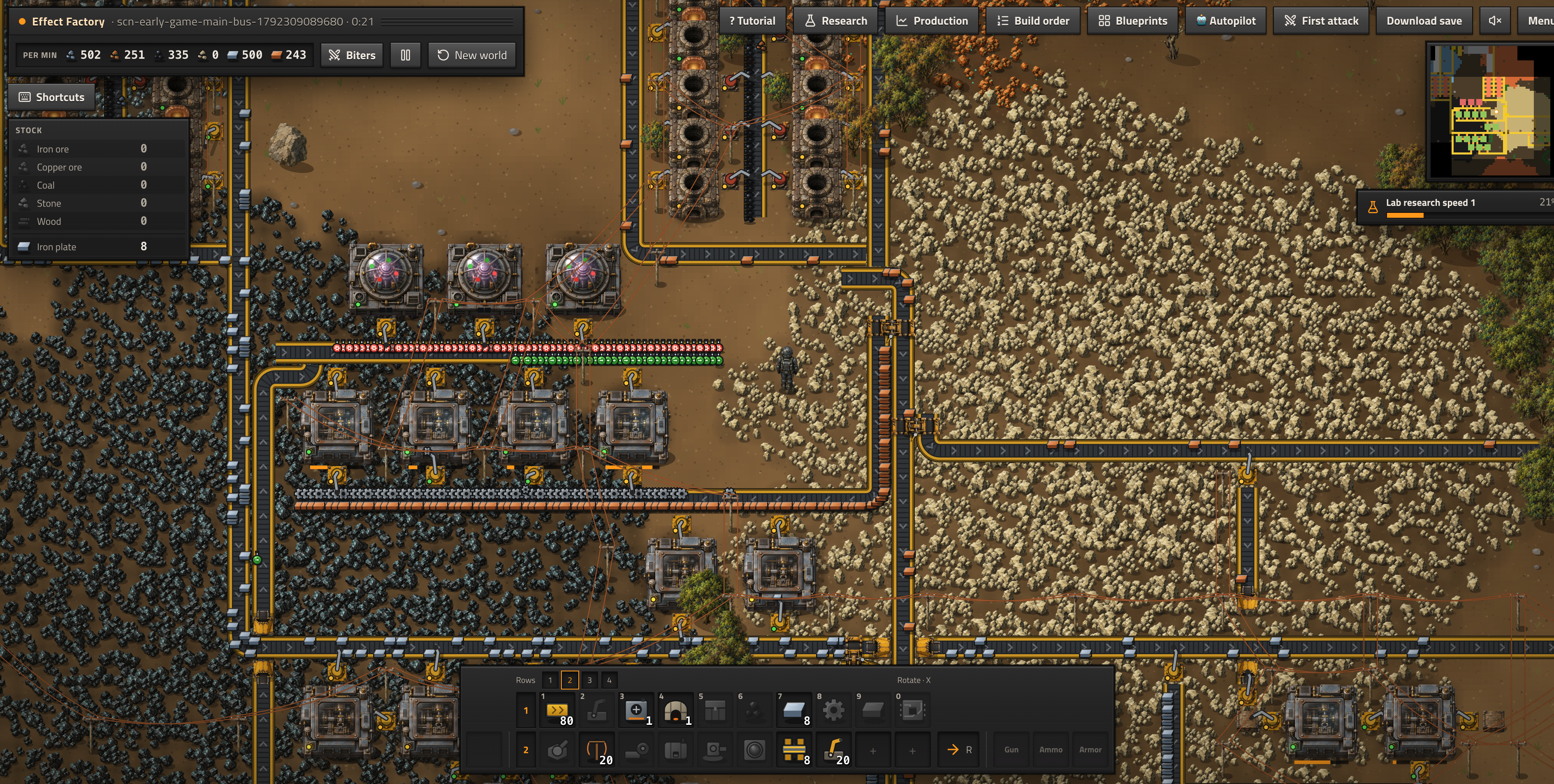 Effect Factory, my Factorio clone, showing conveyor belts connecting mining machines, furnaces, and science labs.