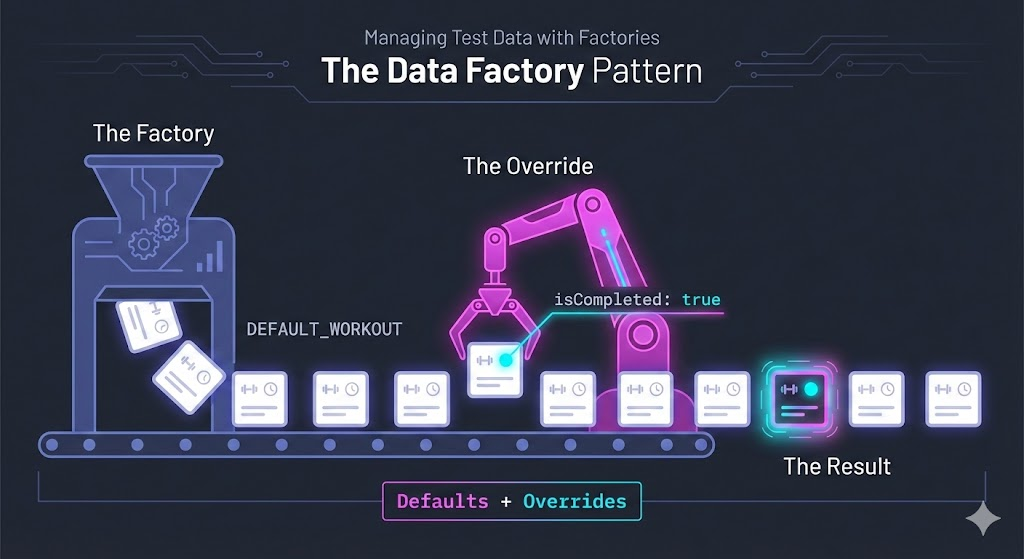 Factory pattern showing default data merged with overrides to create test objects