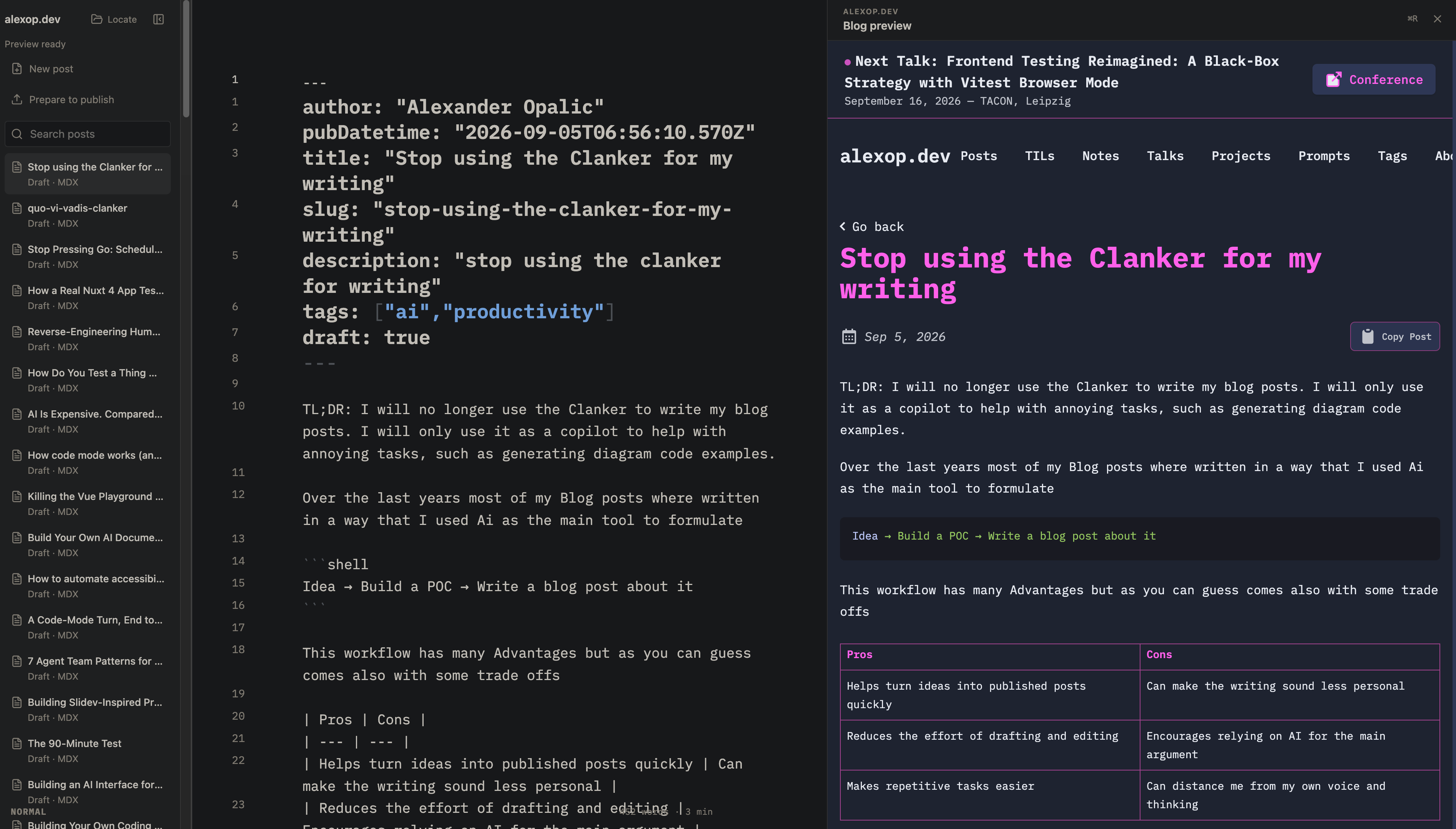 Dark-mode writing app with a post list, MDX editor showing frontmatter and draft text, and a live blog preview titled “Stop using the Clanker for my writing” with a pros-and-cons table.