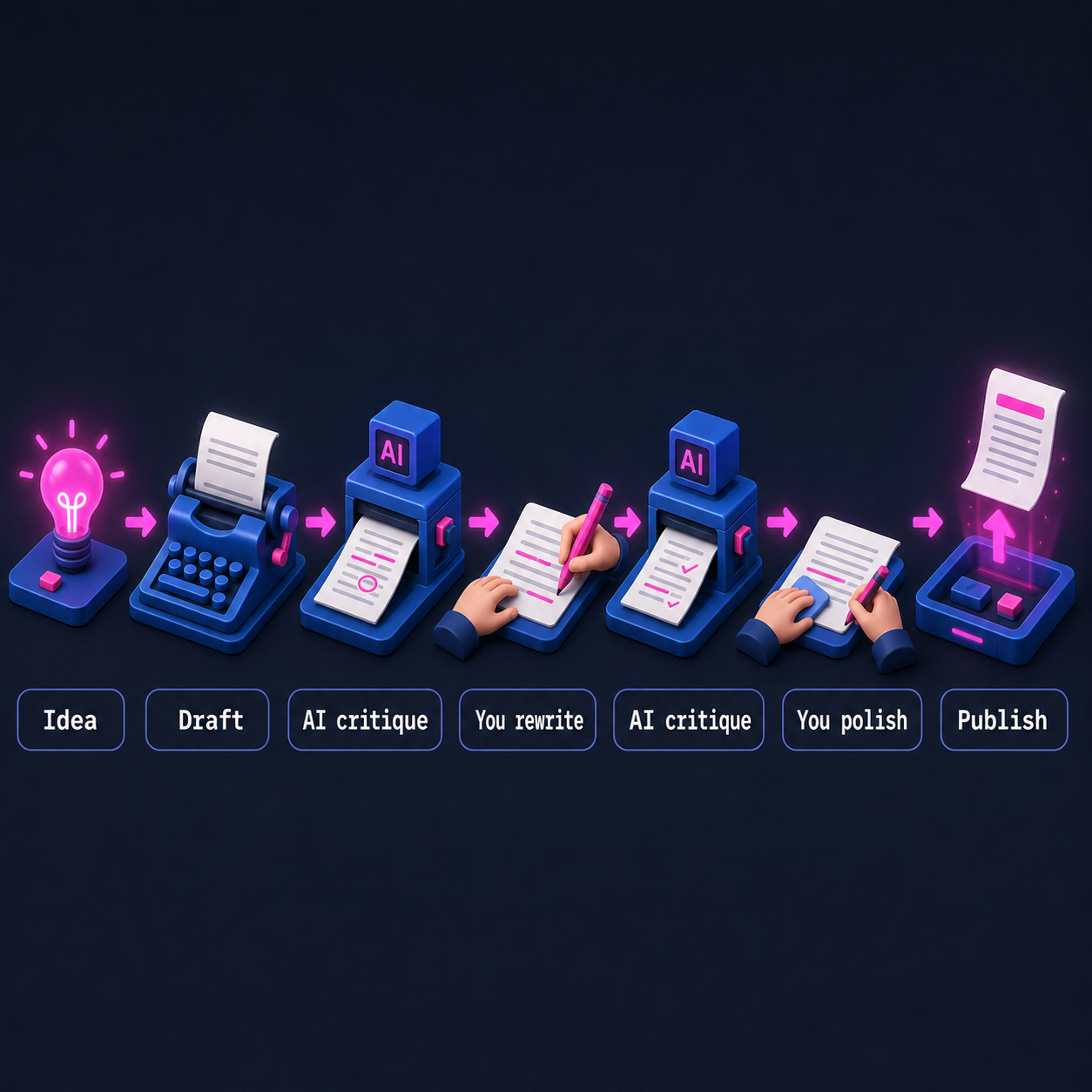 Workflow from Idea to Draft, AI critique, You rewrite, AI critique, You polish, and Publish, illustrated with a lightbulb, typewriters, handwritten edits, and a published document.