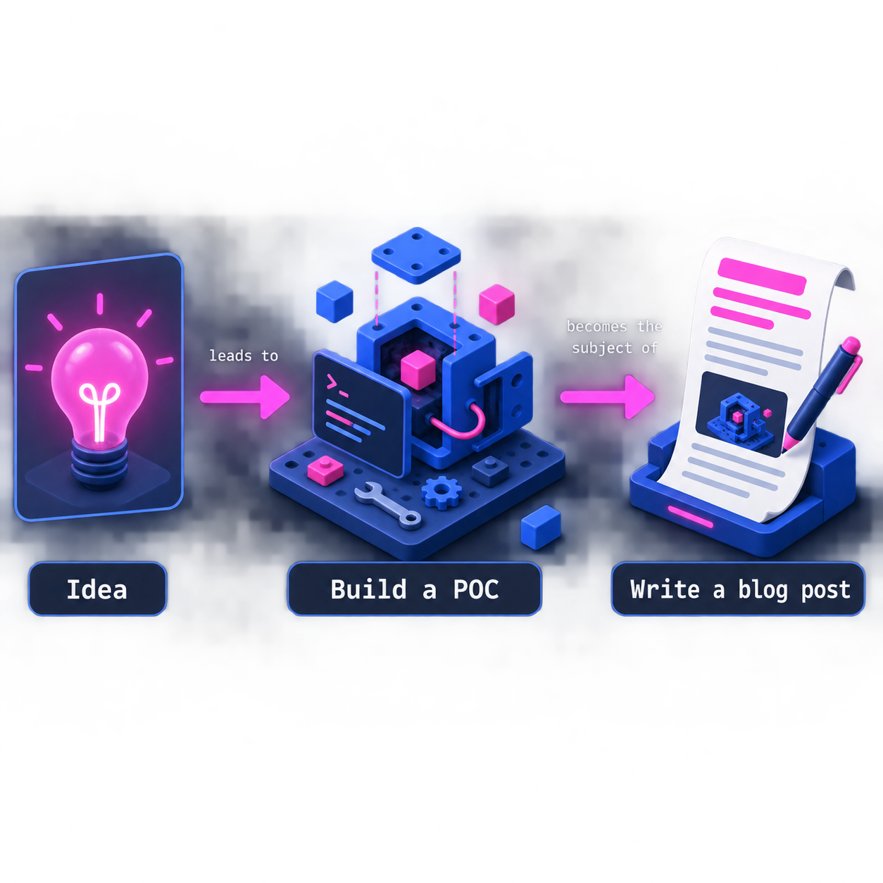 Flow diagram showing an Idea leading to Build a POC, which becomes the subject of Write a blog post.