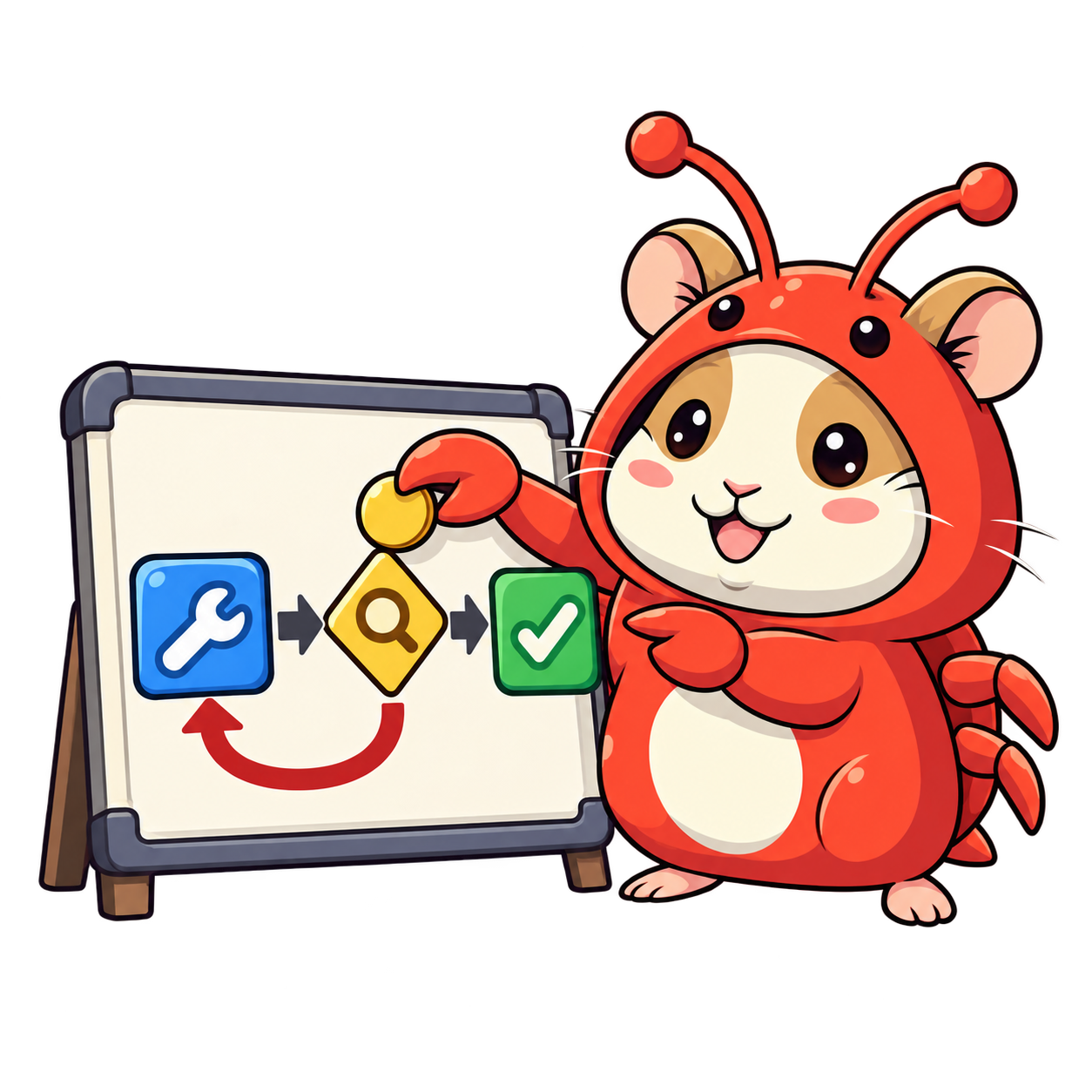 Hamcrab moves a task through a state diagram, with a check that advances it or returns it for fixes.