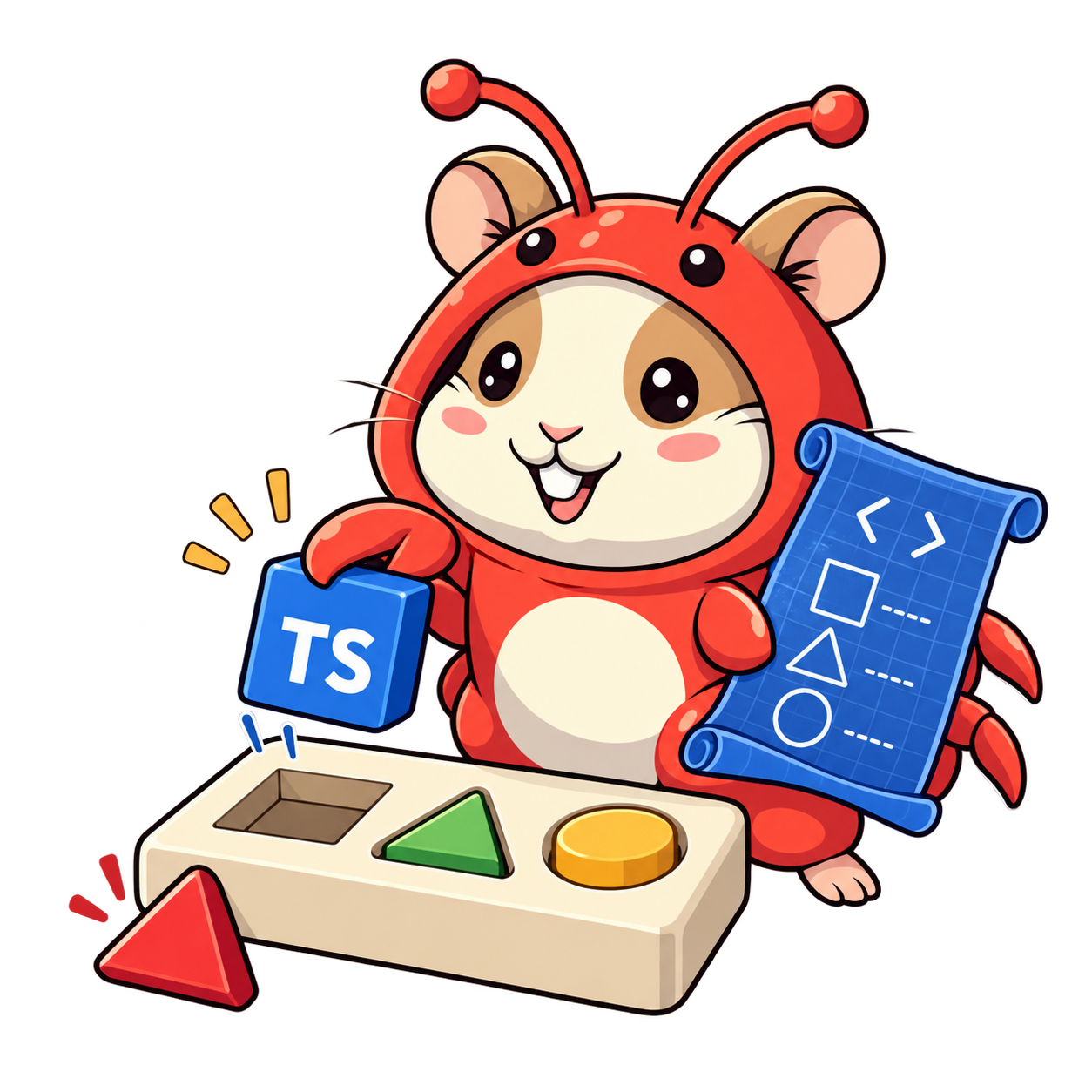 Hamcrab follows a blueprint and fits a TypeScript block into its matching slot; an incompatible shape stays outside.