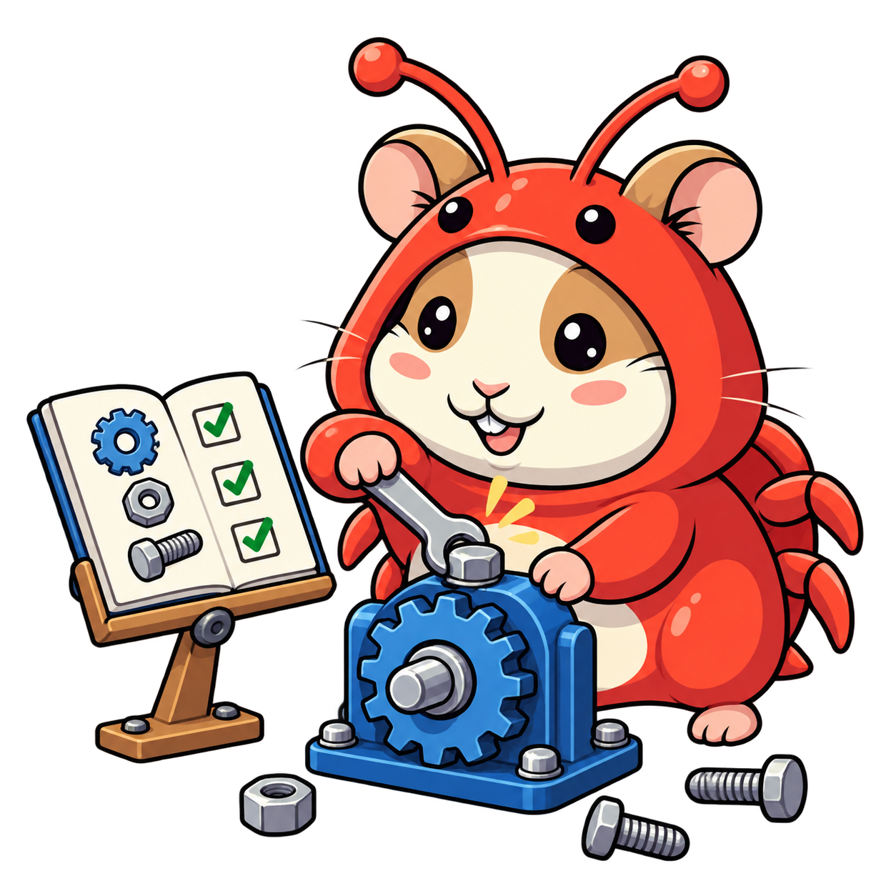Hamcrab follows an instruction manual while tightening a mechanism with a wrench.