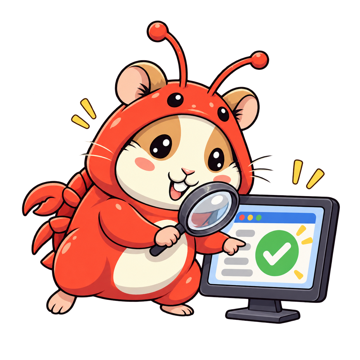 Hamcrab inspects a running app with a magnifying glass and a green check.