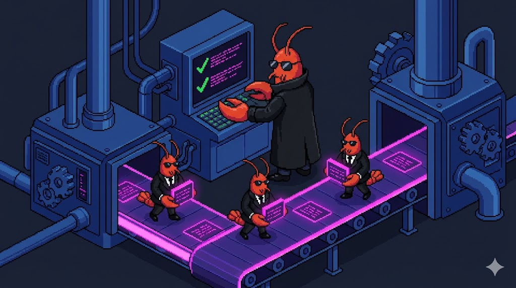 Pixel art illustration of a lobster operating a software assembly line with AI agent lobsters