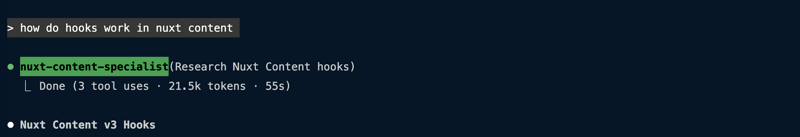 Claude Code spawning the nuxt-content-specialist agent to research Nuxt Content hooks