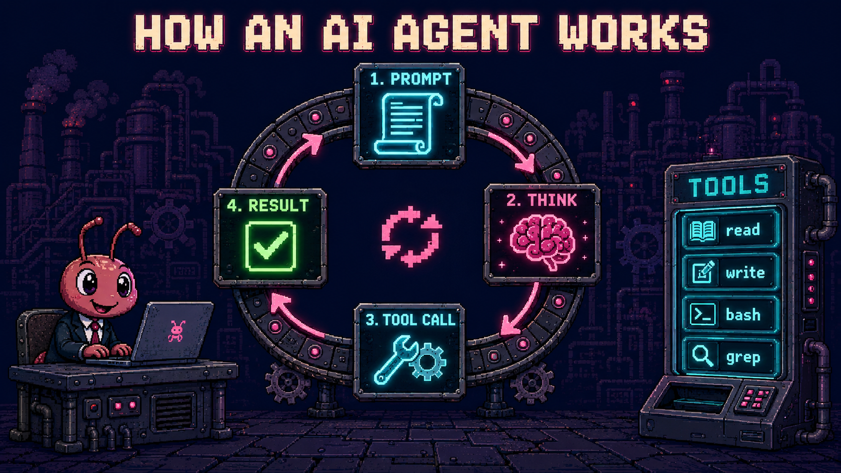 How an AI agent works: a loop that reads context, picks a tool, runs it, reads the result, and repeats