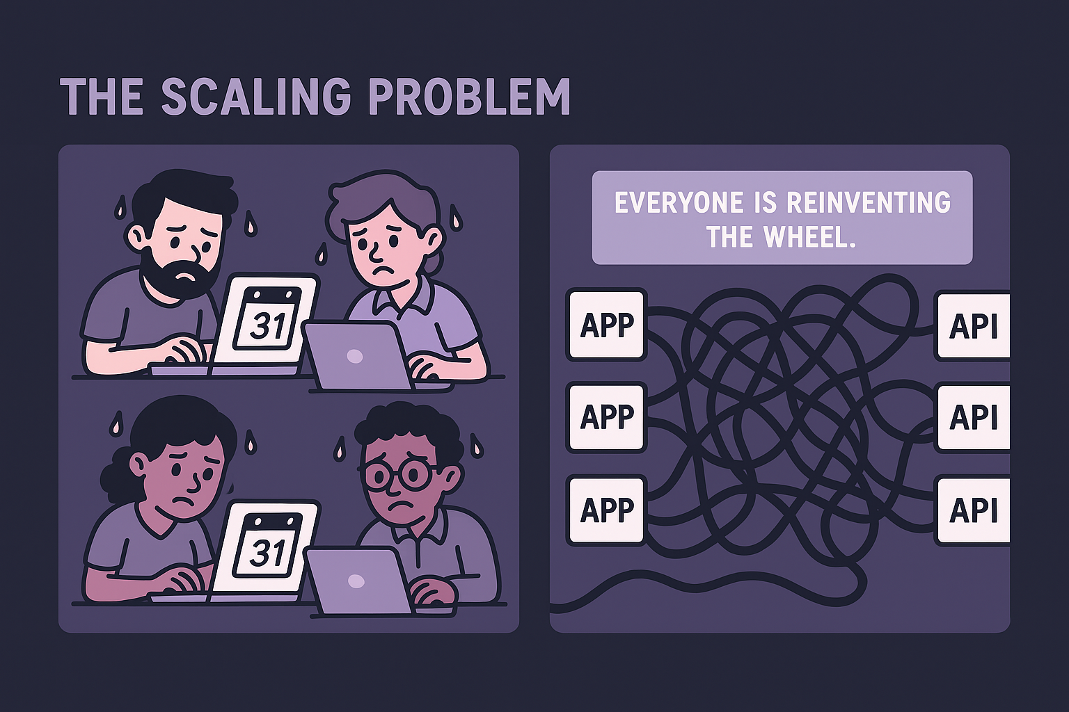 Comic showing multiple teams reinventing the wheel by building the same API connectors