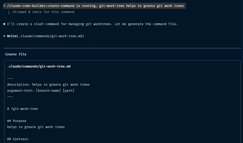 Example output showing a generated skill file with proper structure and frontmatter