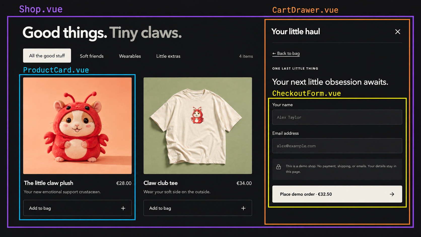 The Claw & Chew shop with colored component boundaries: Shop.vue surrounds the whole interface, ProductCard.vue contains the plush and Add to bag button, and CartDrawer.vue contains the nested CheckoutForm.vue.
