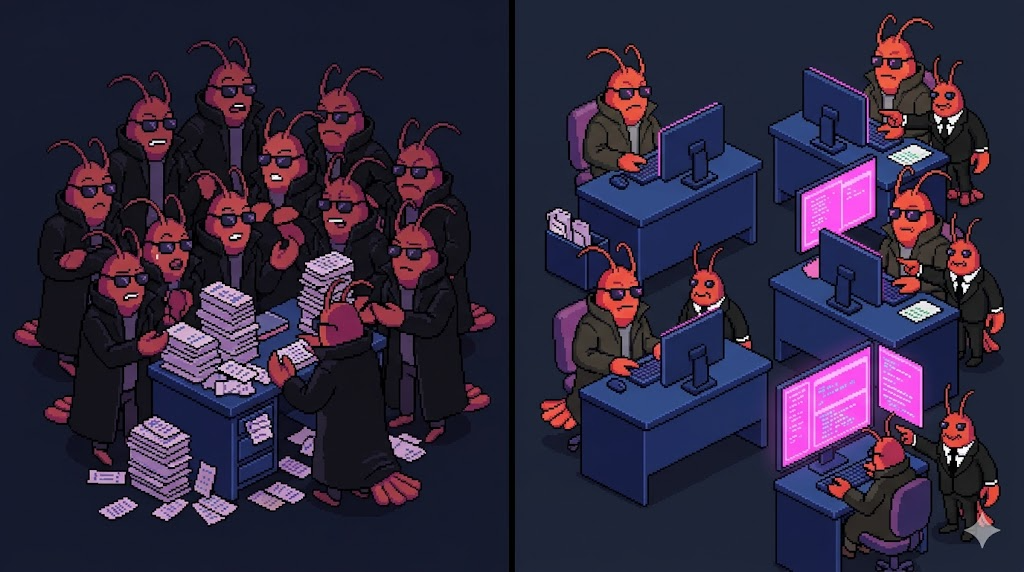 Pixel art split comparison of a crowded team versus a small team of builders with agent helpers