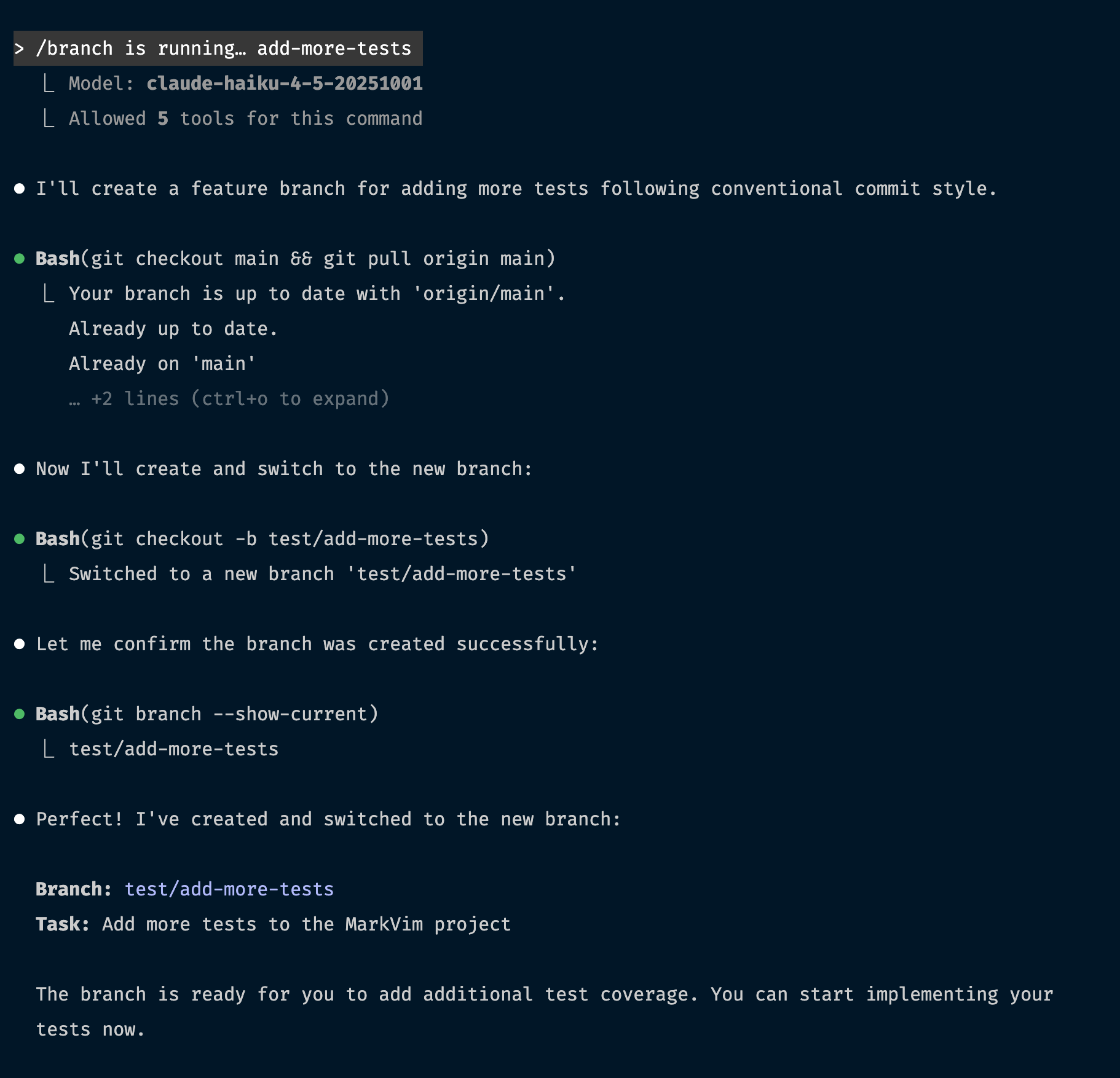 Claude Code executing /branch command showing git operations