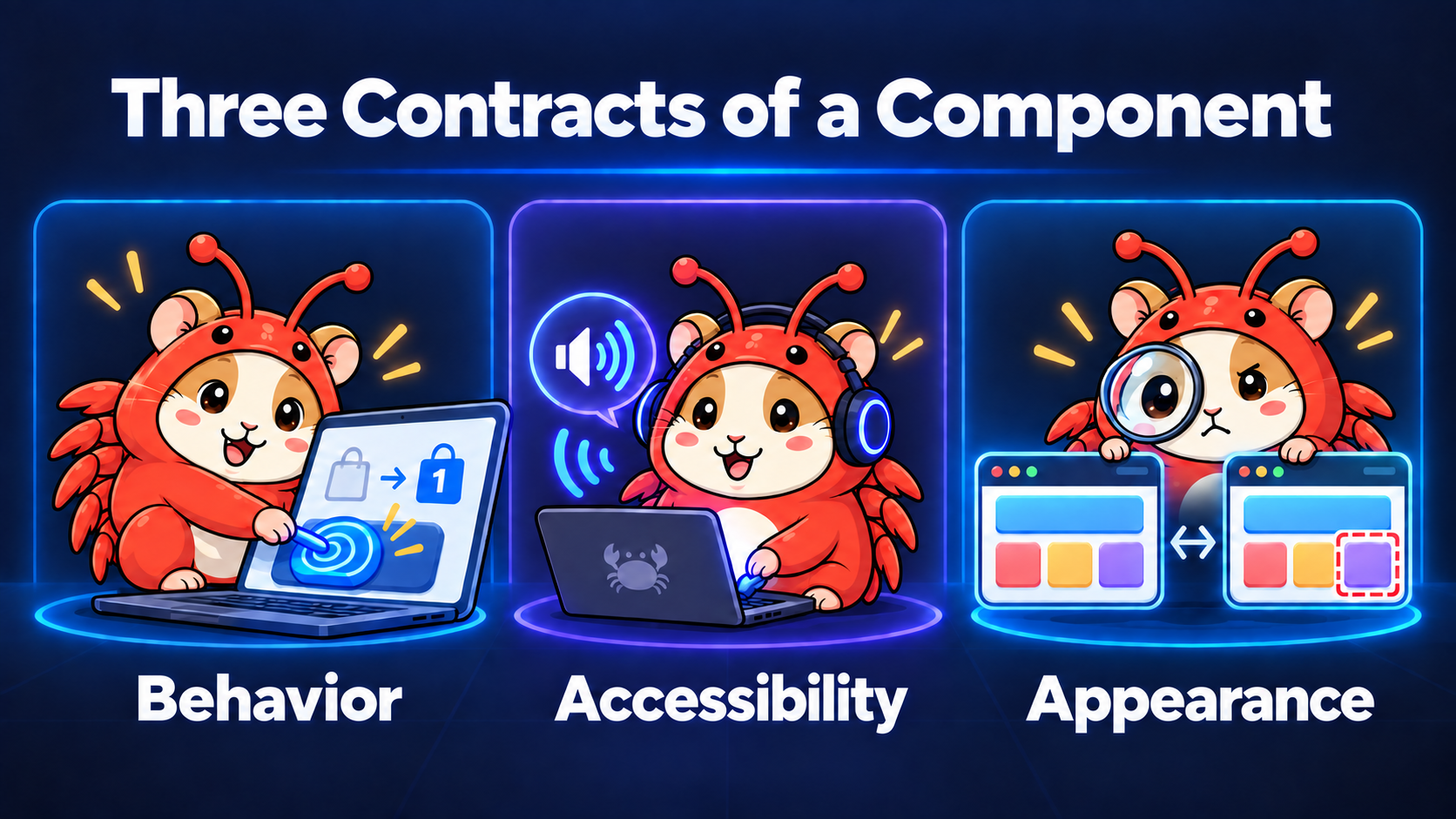 Three hamster characters in crab costumes illustrate a component's contracts: Behavior shows a click increasing the bag count, Accessibility shows keyboard and audio interaction, and Appearance compares two rendered interfaces.