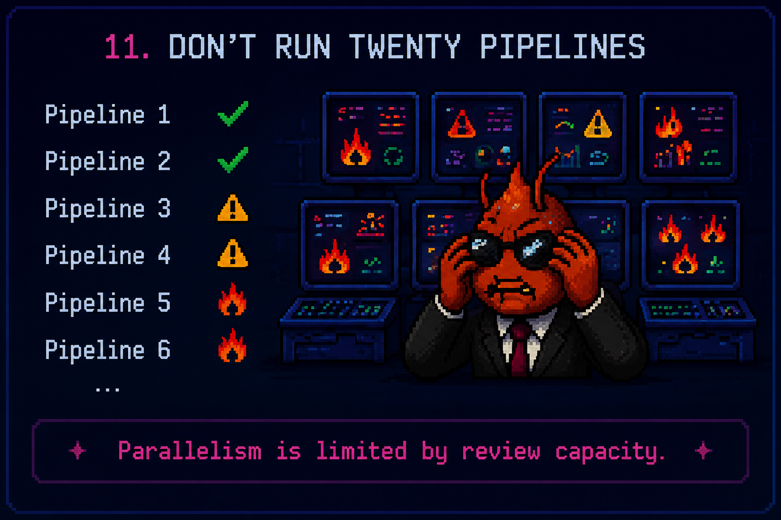 Pixel art of an overwhelmed agent surrounded by monitors showing failing pipelines, with a list on the left going from passing to warnings to fires