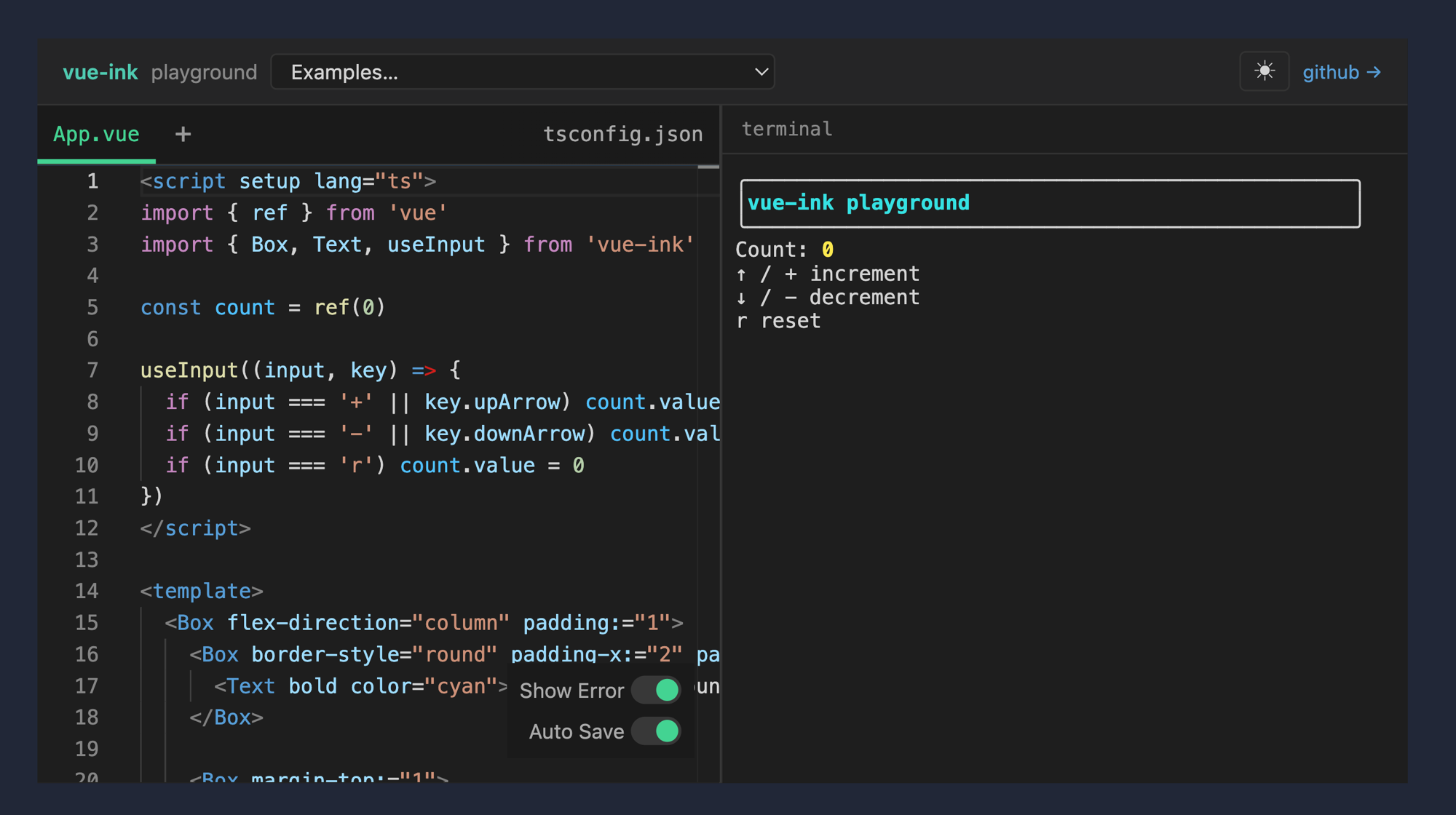 The vue-ink playground running a snake game in a terminal emulator in the browser, all driven by Vue components