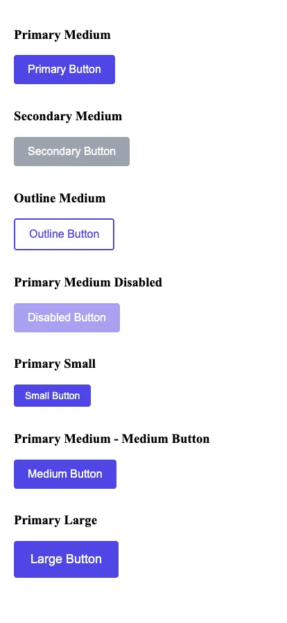 Screenshot showing all button variants rendered side by side