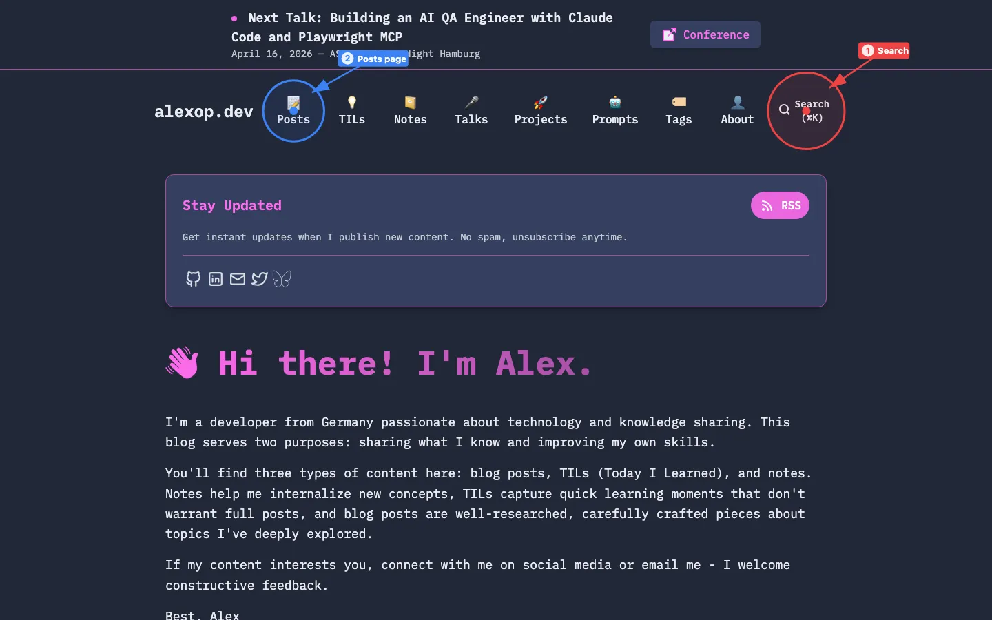 Annotated screenshot of alexop.dev showing numbered annotations highlighting navigation elements like Posts, Search, and the Donate button