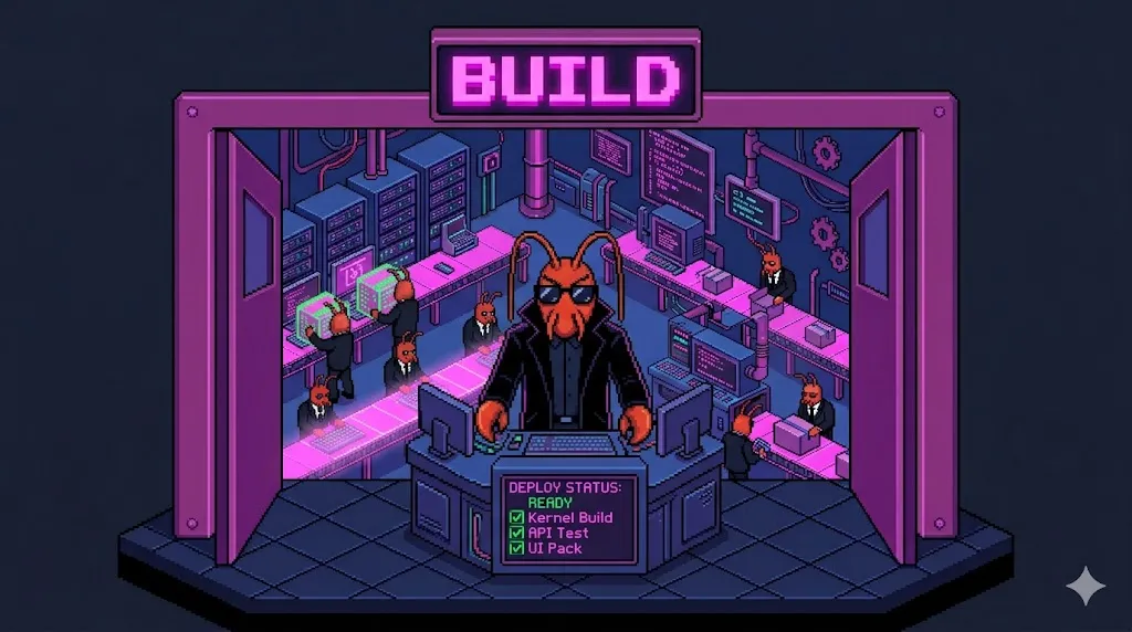 Pixel art illustration of a lobster standing at the entrance of a glowing software factory