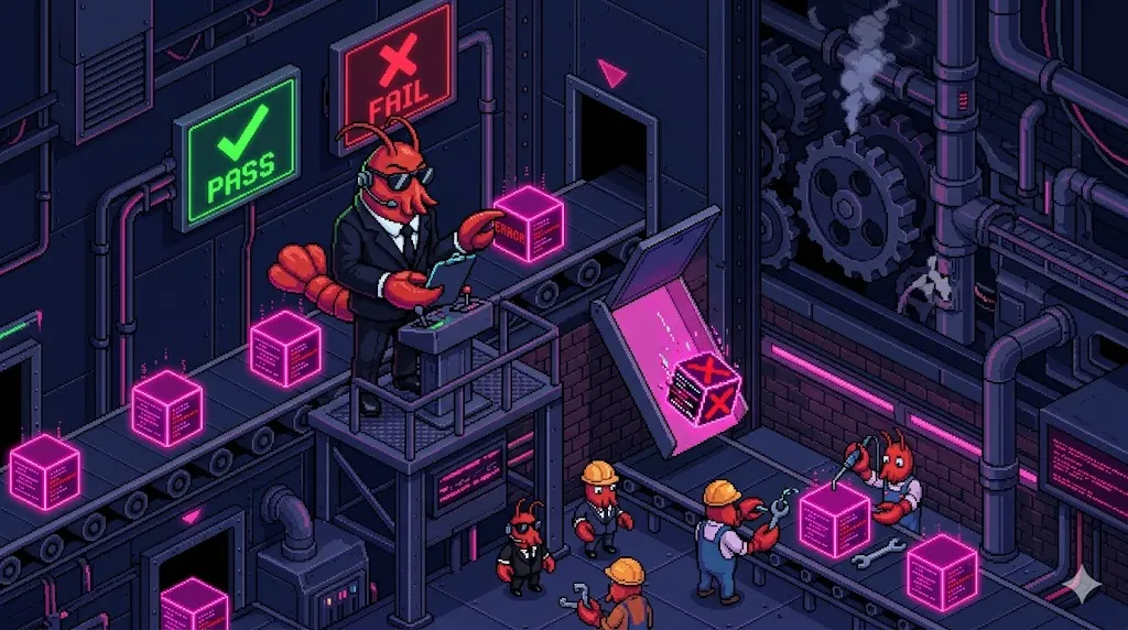 Pixel art illustration of a lobster at a quality control station inspecting code blocks on a conveyor belt with green checkmarks and red X screens