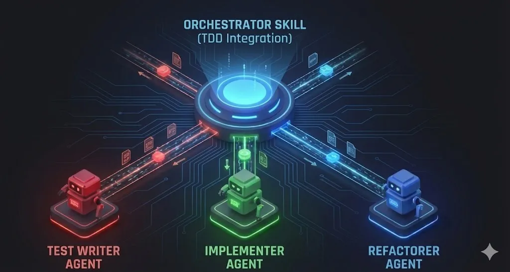 Claude Code skill structure showing how skills orchestrate subagents