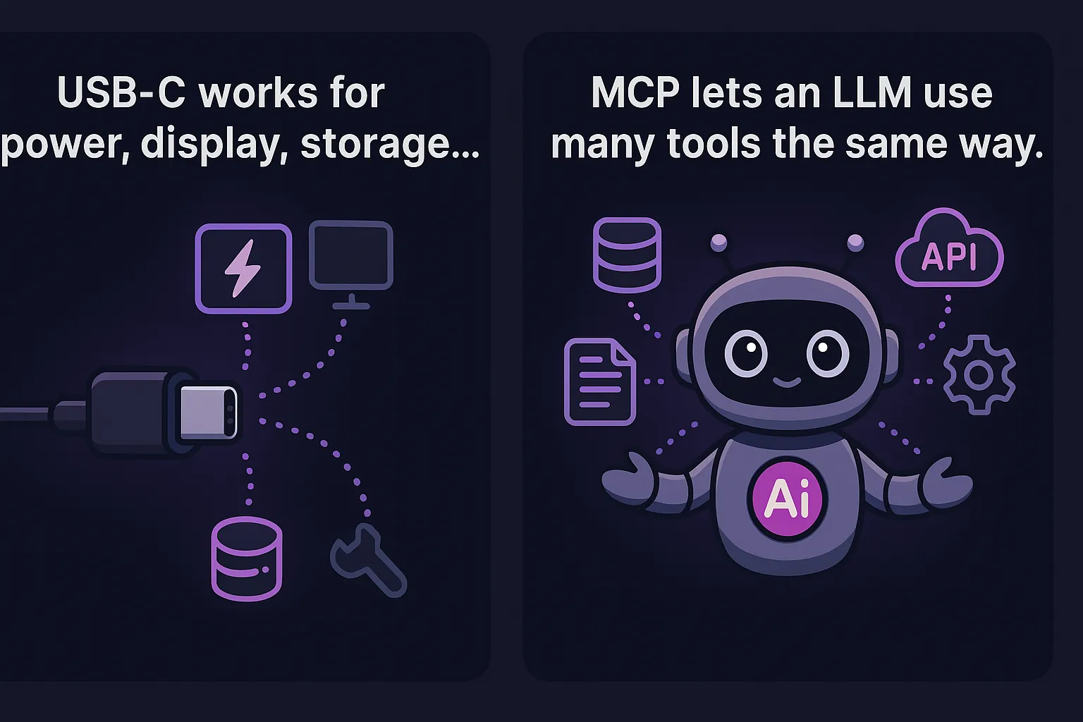 Robot MCP Comic showing how MCP connects different tools and services