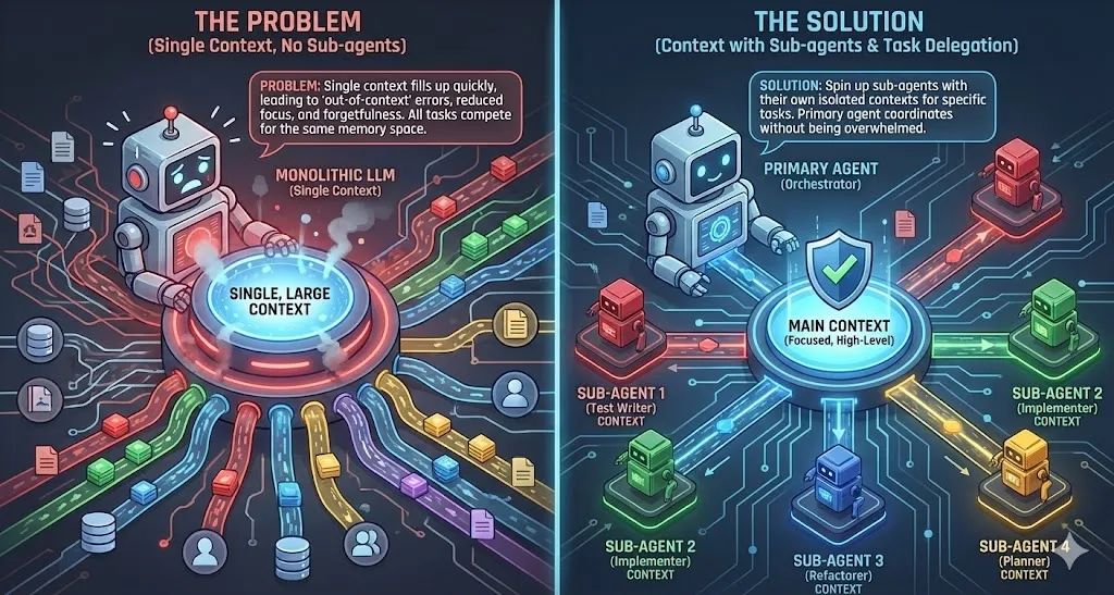 Context pollution problem when running all TDD phases in a single context