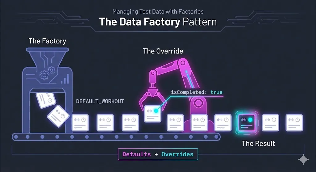 Factory pattern showing default data merged with overrides to create test objects