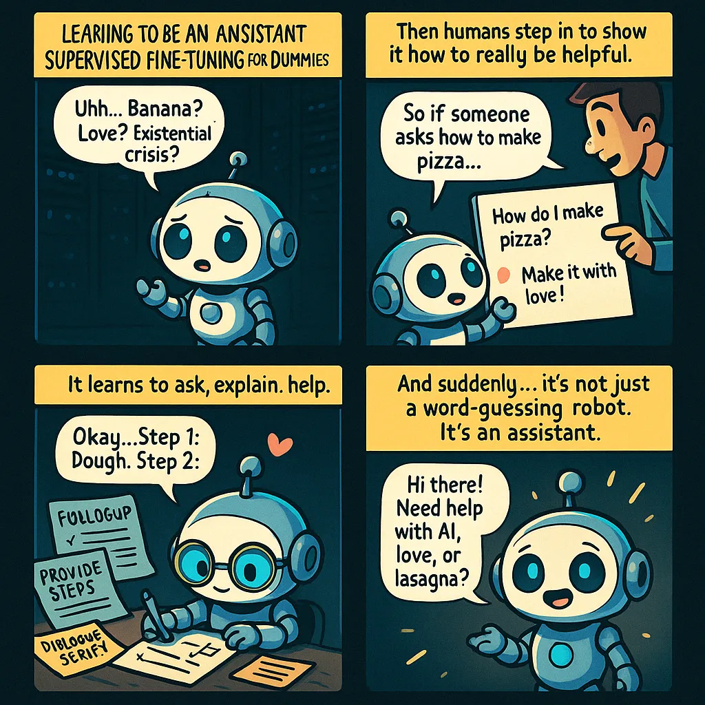 Comic illustrating the fine-tuning process of AI models