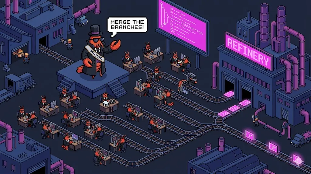 Pixel art illustration of a factory town with a Mayor lobster coordinating many agent lobsters working on parallel git branches merging through a refinery