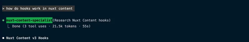 Claude Code spawning the nuxt-content-specialist agent to research Nuxt Content hooks