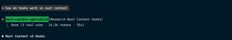 Claude Code spawning the nuxt-content-specialist agent to research Nuxt Content hooks