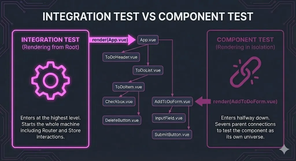 Component test renders single component vs Integration test renders full App.vue with router and store