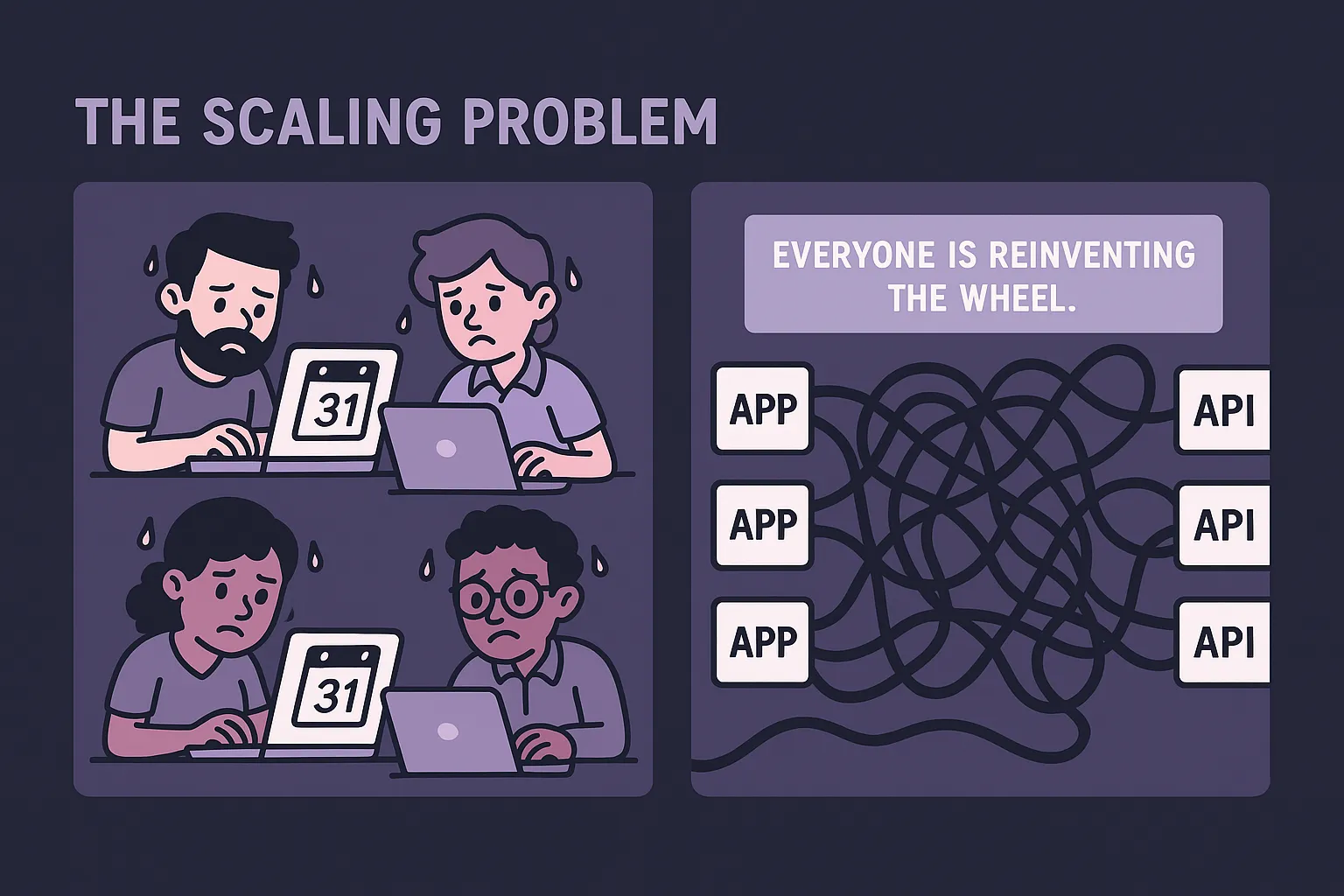 Comic showing multiple teams reinventing the wheel by building the same API connectors