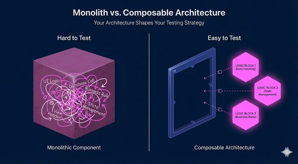 Comparison of monolithic component with mixed logic vs composable pattern with extracted logic