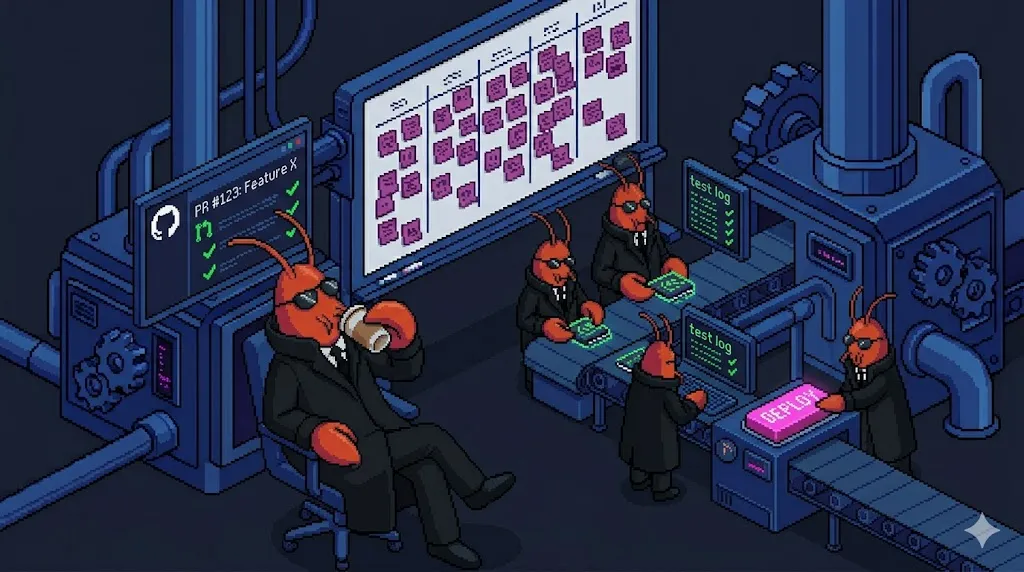 Pixel art illustration of a relaxed lobster monitoring screens while agent lobsters work on an assembly line