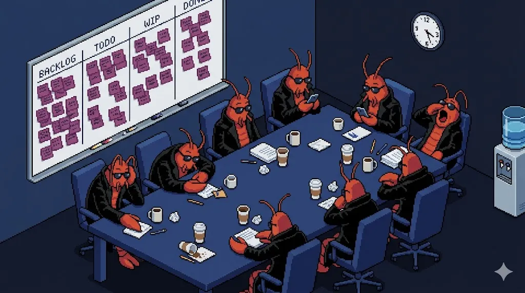 Pixel art illustration of tired lobsters in suits at a conference table with a scrum board