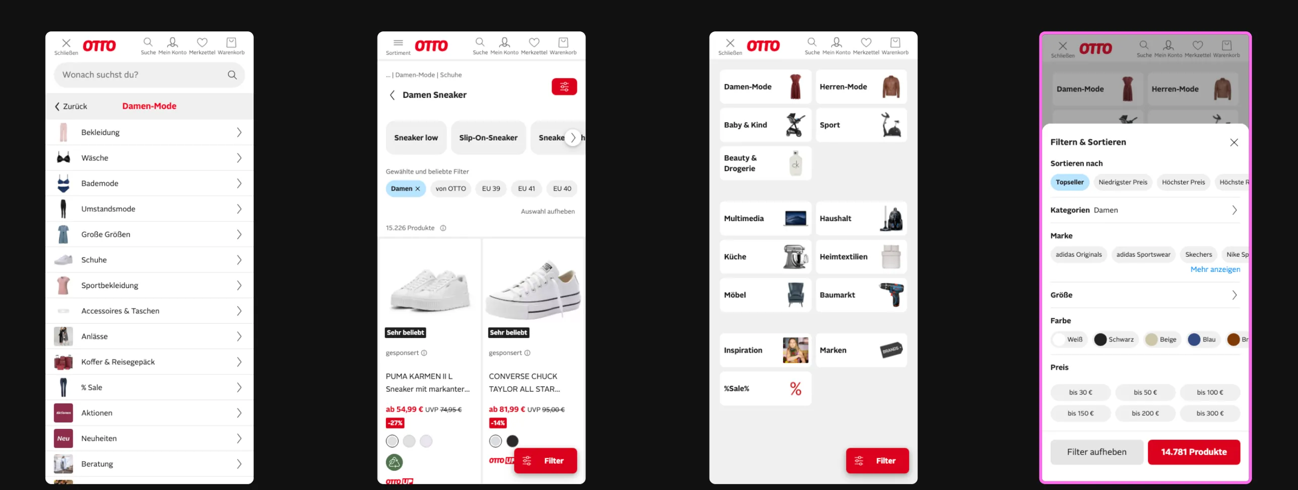 Four screenshots of otto.de mobile navigation. The final panel shows the category overview with a Filter button visible at the bottom right, highlighted in pink — this button should only appear on the product listing screen.