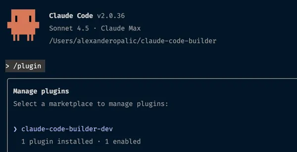 Claude Code plugins list showing claude-code-builder installed
