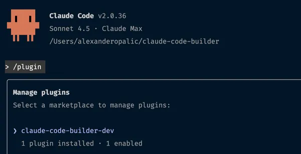 Claude Code plugins list showing claude-code-builder installed