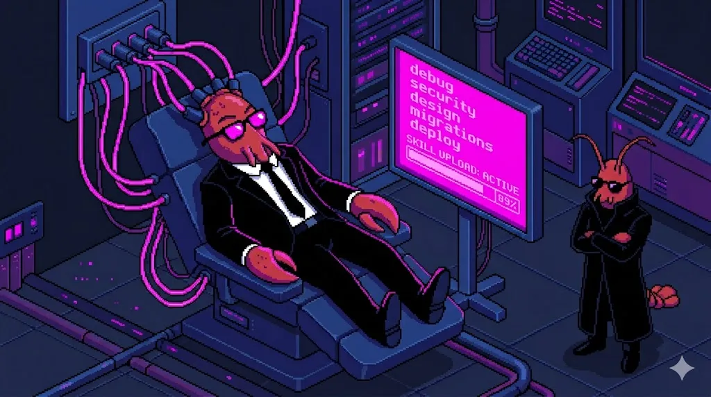 Pixel art illustration of a lobster reaching for glowing skill badges on a workshop wall