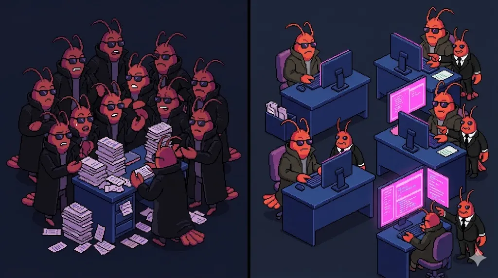 Pixel art split comparison of a crowded team versus a small team of builders with agent helpers