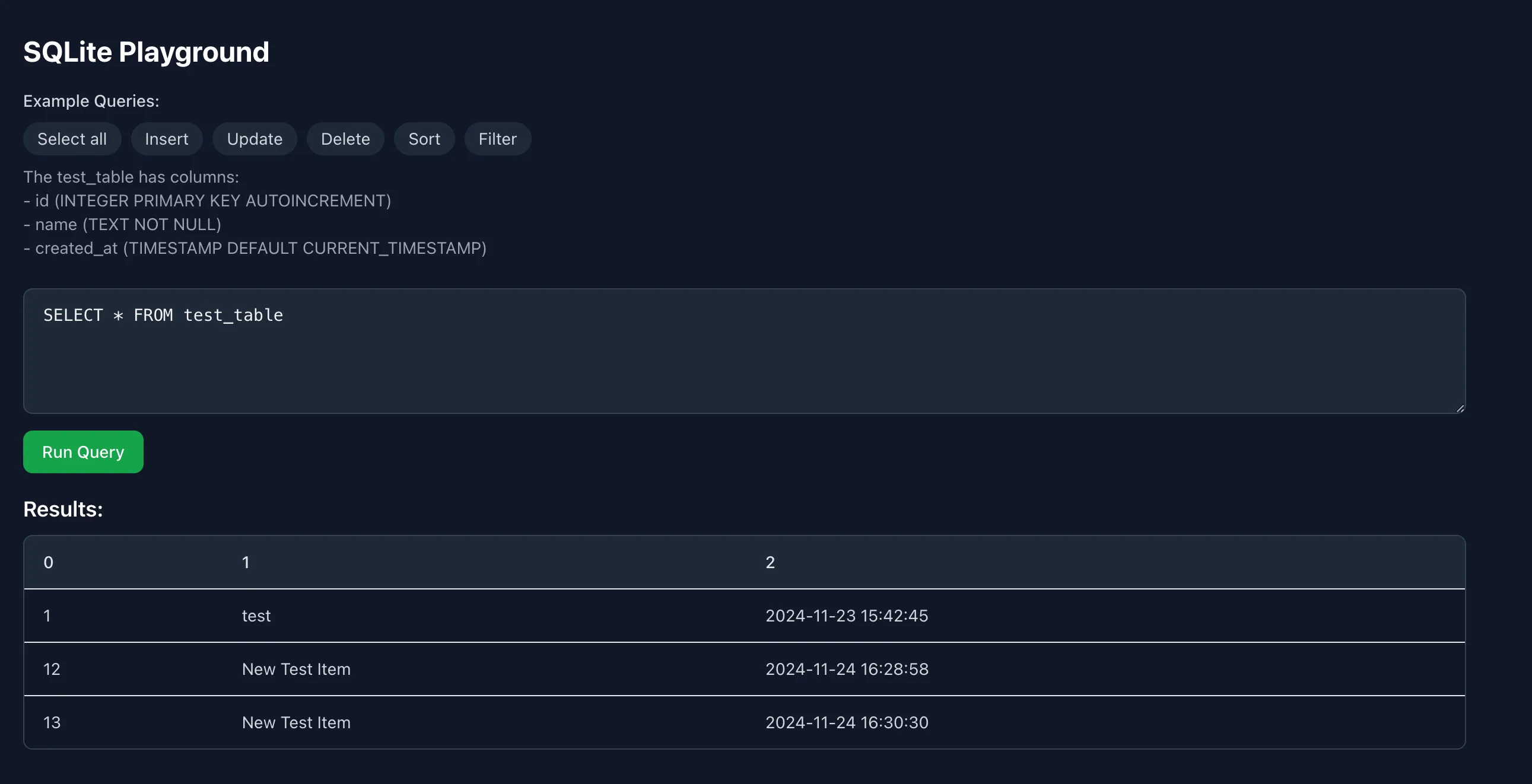 Screenshot Sqlite Playground