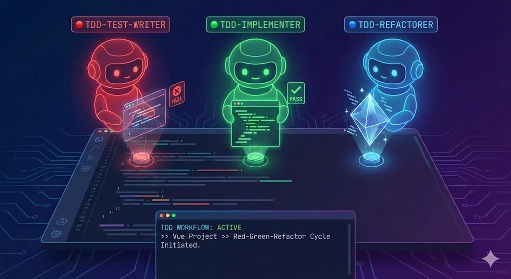 TDD workflow overview with Claude Code showing Red-Green-Refactor cycle